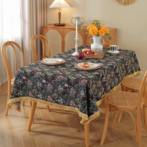 American Vintage Jacquard Floral Tablecloth Gold Tassel Rectangular Polyester Cotton Table Cover Home Kitchen Decor