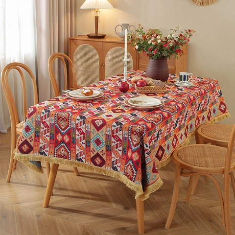 American Vintage Jacquard Floral Tablecloth Gold Tassel Rectangular Polyester Cotton Table Cover Home Kitchen Decor