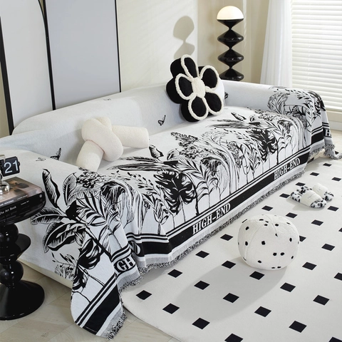 Nordic Chenille Sofa Cover Jacquard Woven Furniture Protector Tassels Polka Dot Heart Botanical Floral Throw Blanket
