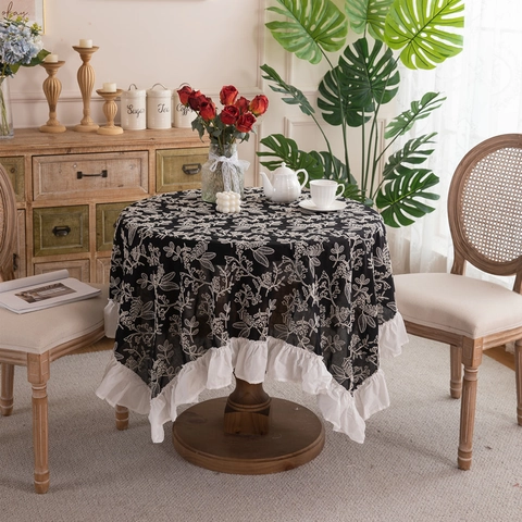Mantel Impermeable de Algodón Bordado Estilo Francés Patrón Floral Borde con Volantes Decorativo Cubierta de Mesa Rectangular