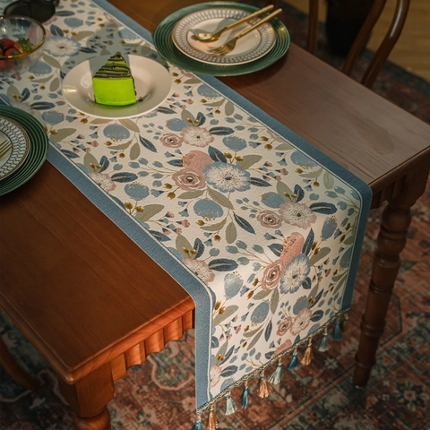Modern Jacquard Floral Table Runner With Tassels Polyester Decorative Tablecloth For Dining Room Home Party Bed Runner