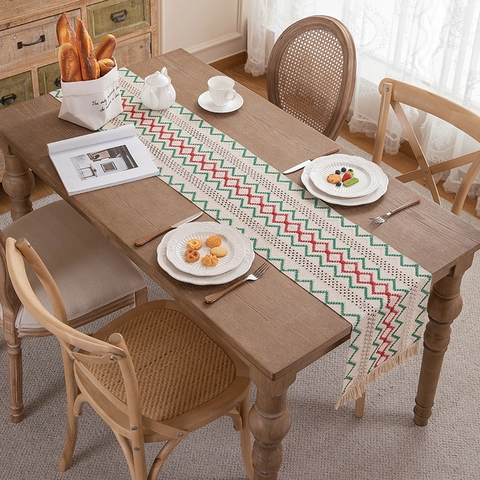 American Woven Cotton Linen Table Runner With Tassels Geometric Zigzag Striped Dining Table Decoration For Christmas Holiday Home Decor