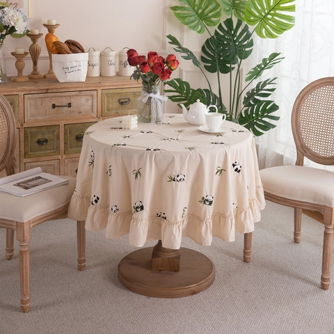Nappe Luxueuse en Pur Coton Avec Broderie Élégante Fleurs Animaux Bord à Volants Ronde Rectangulaire Antipoussière Décoration Maison