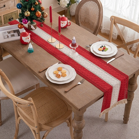 American Woven Cotton Linen Table Runner With Tassels Geometric Zigzag Striped Dining Table Decoration For Christmas Holiday Home Decor