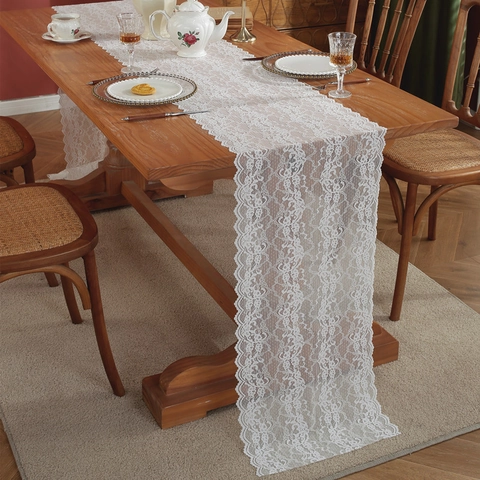 French Romantic White Lace Table Runner Rose Floral Hollow Out Scalloped Edge Table Cloth For Wedding Party Home Decor