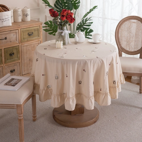 Nappe Luxueuse en Pur Coton Avec Broderie Élégante Fleurs Animaux Bord à Volants Ronde Rectangulaire Antipoussière Décoration Maison