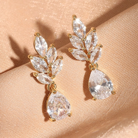 Boucles D'oreilles Pendantes Goutte Cuivre Zircone Avec Tige En Argent Sterling 925 Marquise Feuille Mariage Femmes