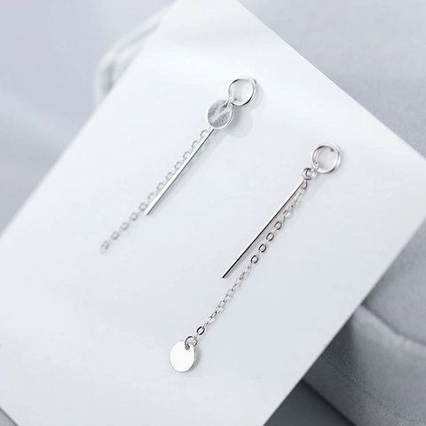 S925 Sterling Silver Asymmetrical Round Disk Chain Stud Earrings Minimalist Long Tassel Drop Earrings For Women Jewelry