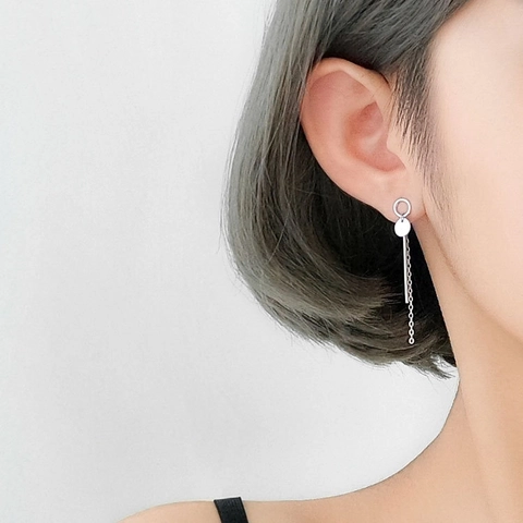 S925 Sterling Silver Asymmetrical Round Disk Chain Stud Earrings Minimalist Long Tassel Drop Earrings For Women Jewelry