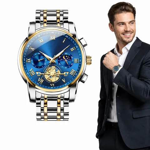 Men Business Quartz Watch Stainless Steel Band Waterproof Luminous Moon Phase Chronograph Luxury Roman Numeral Fashion Wristwatch
