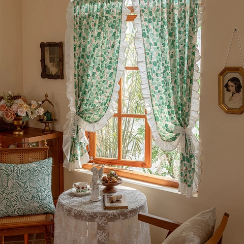 Pure Cotton Ruffled Cafe Curtain Pastoral Leaf Daisy Print Short Door Curtain For Kitchen Home Decor Rod Pocket Partition
