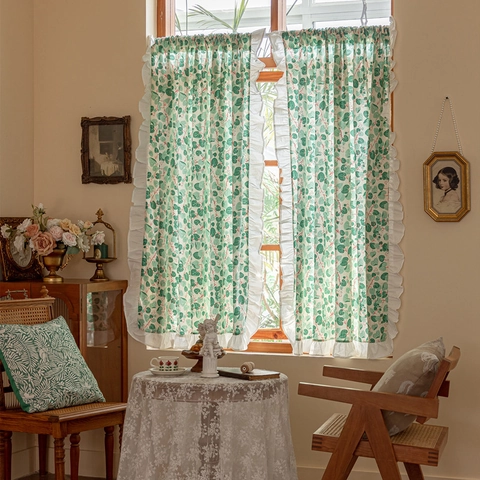 Pure Cotton Ruffled Cafe Curtain Pastoral Leaf Daisy Print Short Door Curtain For Kitchen Home Decor Rod Pocket Partition