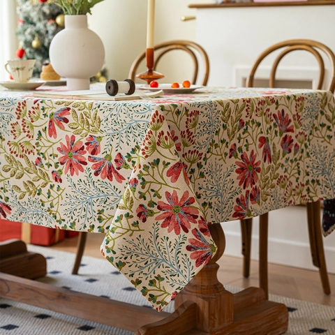 American Vintage Jacquard Tablecloth With Tassels Polyester Cotton Floral Bird Pattern Rectangular Washable Table Cover