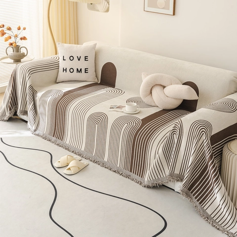 Copridivano Nordico in Ciniglia Jacquard Geometrico Coperta con Frange Moderno Minimalista Reversibile Protezione per Mobili per Soggiorno