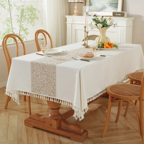Vintage Jacquard Blumen Geometrisches Rautenmuster Tischdecke Mit Quasten Polyester Leinenoptik Staubdicht Home Dining Dekor