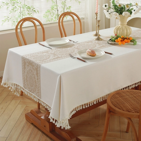 Vintage Jacquard Blumen Geometrisches Rautenmuster Tischdecke Mit Quasten Polyester Leinenoptik Staubdicht Home Dining Dekor
