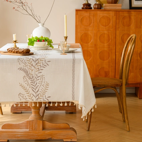 Nappe Brodée de Fleurs et Feuilles avec Glands Rectangulaire en Mélange de Polyester et Lin Housse de Table pour Salle à Manger