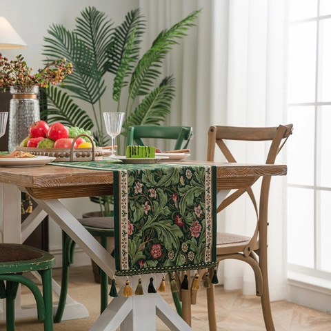 Retro American Jacquard Table Runner With Tassels Polyester Floral Paisley Pattern Bed Runner Home Dining Table Decoration