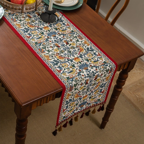 American Retro Jacquard Table Runner Polyester Floral Magpie Tablecloth With Tassels For Dining Room Home Decor Table Runner