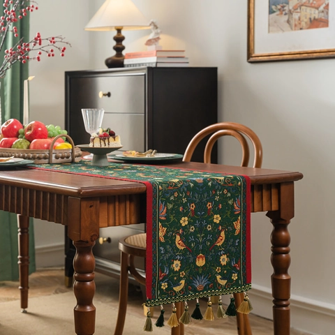 American Retro Jacquard Table Runner Polyester Floral Magpie Tablecloth With Tassels For Dining Room Home Decor Table Runner