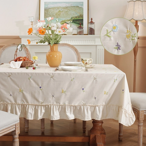 Mantel Redondo de Algodón Bordado Estilo Campo Francés Con Volantes Albaricoque Margarita Lavanda para Comedor