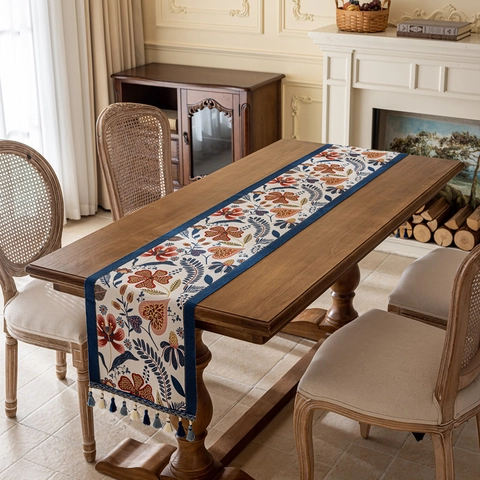 American Vintage Floral Table Runner With Tassels Jacquard Polyester Dining Room Tablecloth Rustic Home Decor