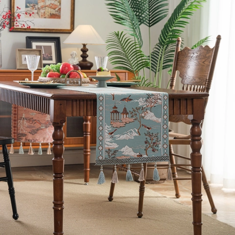 Chemin de Table de Nouveau Style Chinois en Tissu Jacquard de Polyester Avec Glands Paysage Traditionnel Floral Décoration Maison