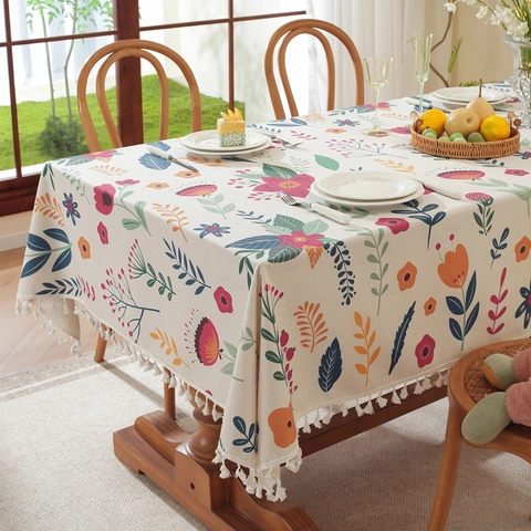 Osterhase Blumen Druck Tischdecke Polyester Baumwolle Mischung Rechteckige Tischdecke Mit Quasten Für Esszimmer Party Haus Dekor