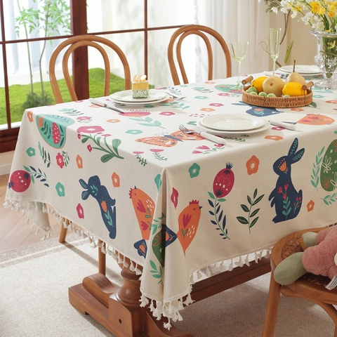 Osterhase Blumen Druck Tischdecke Polyester Baumwolle Mischung Rechteckige Tischdecke Mit Quasten Für Esszimmer Party Haus Dekor