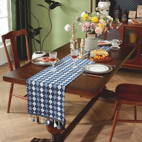 Camino de Mesa Jacquard Retro Americano con Borlas Camino de Mesa Geométrico Teñido en Hilo para Mesa de Café