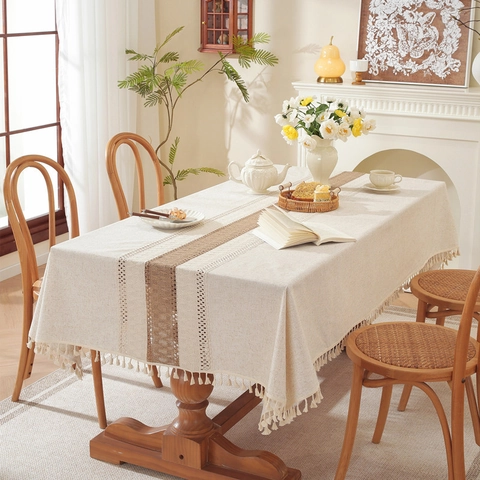 Nappe Minimaliste en Polyester Avec Franges à Glands Dentelle Épissée Géométrique Couvre-Table à Manger Rectangulaire Pour Décoration Maison