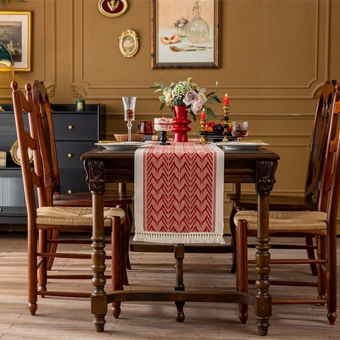 Camino de Mesa Americano de Poliéster Jacquard Con Borlas Patrones Geométricos Retro Reno Mandala Para Mesa de Comedor