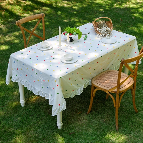 Nappe Brodée en Coton de Style Pastoral Français Avec Volants Pompons Nappe Rectangulaire Géométrique Florale pour Cuisine Fête