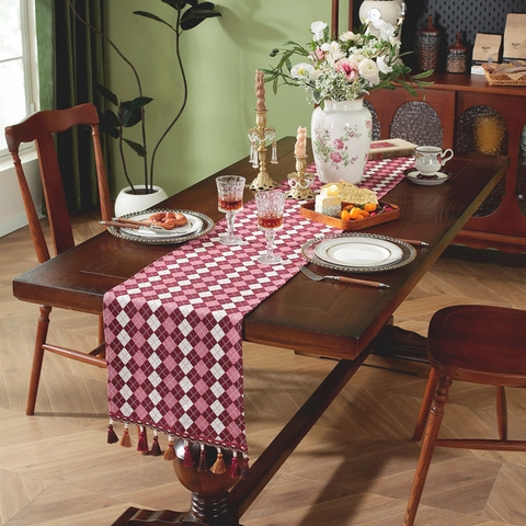 Camino de Mesa Jacquard Retro Americano con Borlas Camino de Mesa Geométrico Teñido en Hilo para Mesa de Café