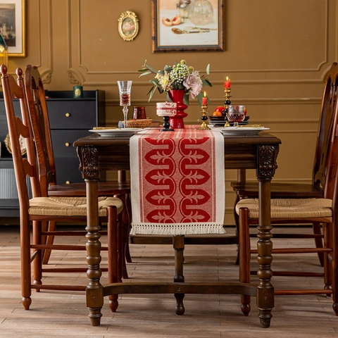 Camino de Mesa Americano de Poliéster Jacquard Con Borlas Patrones Geométricos Retro Reno Mandala Para Mesa de Comedor