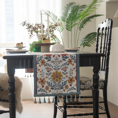 Camino de Mesa Jacquard Floral Vintage Con Borlas Tela de Poliéster Mantel Decorativo para Comedor Casa Fiesta Decoración