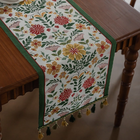 Camino de Mesa Jacquard Floral Vintage Con Borlas Tela de Poliéster Mantel Decorativo para Comedor Casa Fiesta Decoración