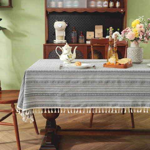 Bohemian Ethnic Striped Jacquard Tablecloth With Tassel Fringe Vintage Polyester Cotton Rectangular Dining Table Cover