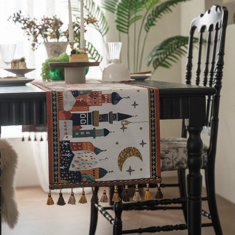Middle Eastern Style Table Runner With Tassels Mosque Camel Star Moon Jacquard Polyester Tablecloth For Ramadan Eid Decor