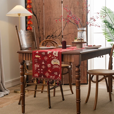 Chinesischer Stil Festlicher Roter Tischläufer Mit Quasten Neujahrsdekoration Polyester Jacquard Esstischläufer Für Heimparty