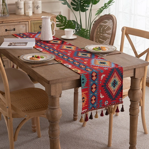 Vintage American Jacquard Table Runner With Tassel Polyester Floral Geometric Pattern For Dining Table Sideboard Home Decor