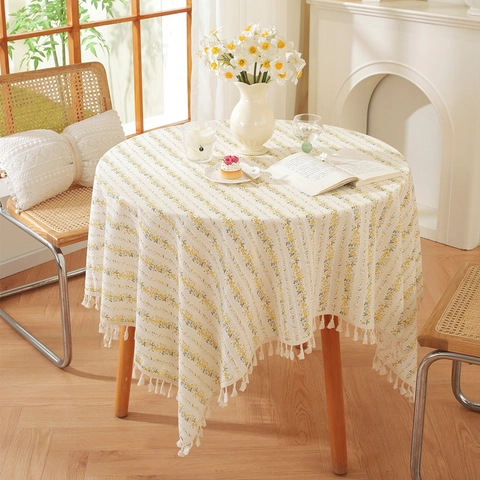 Pastoral Cotton Floral Tablecloth With Tassels Rectangular Fresh Sunflower Print Dustproof Table Cover For Home Dining Kitchen Decor