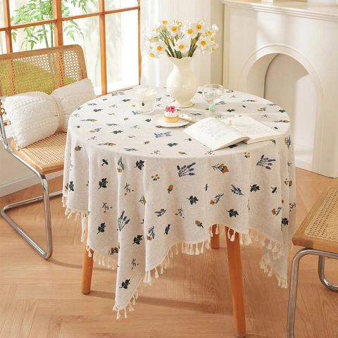 American Style Linen Embroidered Floral Tablecloth With Tassels Rural Pastoral Dining Table Decor For Home Kitchen Use