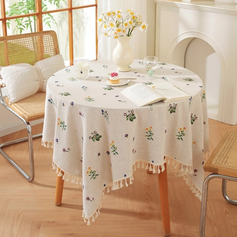 American Style Linen Embroidered Floral Tablecloth With Tassels Rural Pastoral Dining Table Decor For Home Kitchen Use
