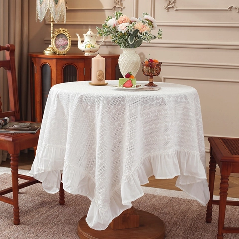 Baumwolle Blumen Bestickt Tischdecke Mit Volantkante Pastoral Hohl Rechteckig Rund Esstischdecke Zuhause Dekor