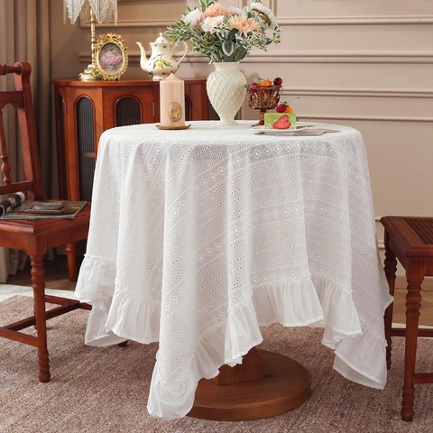 Baumwolle Blumen Bestickt Tischdecke Mit Volantkante Pastoral Hohl Rechteckig Rund Esstischdecke Zuhause Dekor