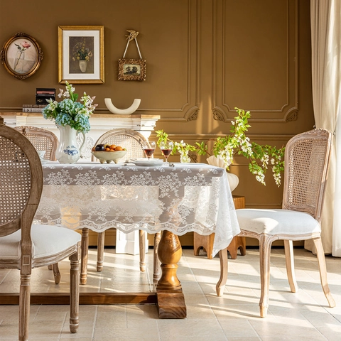 Tovaglia in Pizzo Bianco Stile Francese Matrimonio Elegante Floreale Traforato Rettangolare Decorativo Copertura per Tavolo Con Perla Artificiale