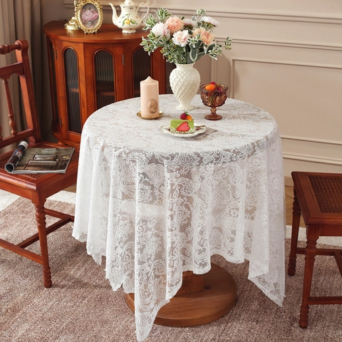 Tovaglia in Pizzo Bianco Stile Francese Matrimonio Elegante Floreale Traforato Rettangolare Decorativo Copertura per Tavolo Con Perla Artificiale