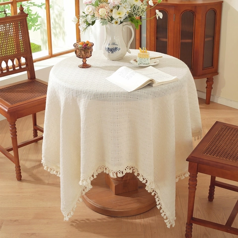 French Vintage Polyester Tablecloth Beige Waffle Weave Rectangular Table Cover With Tassels For Dining Room Home Decoration