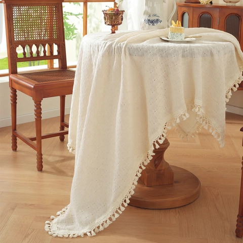 French Vintage Polyester Tablecloth Beige Waffle Weave Rectangular Table Cover With Tassels For Dining Room Home Decoration